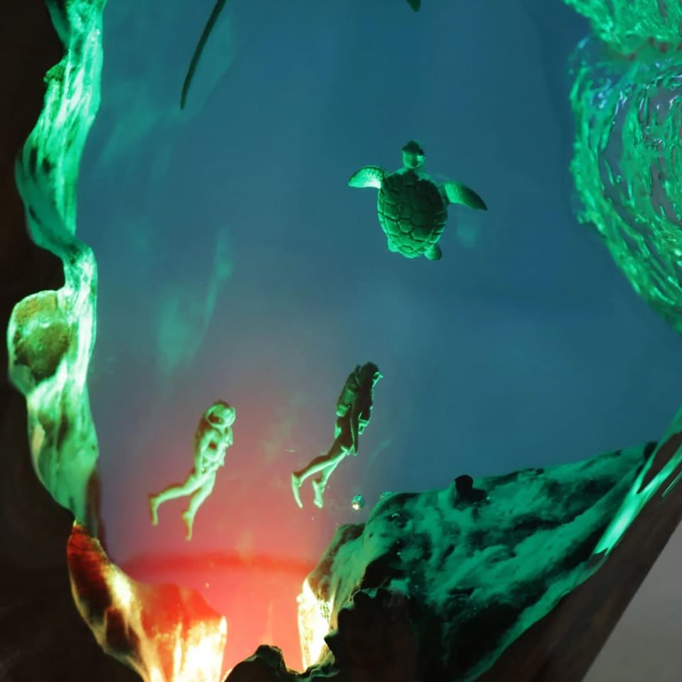 Manta ray, turtle, diver, wood sculpture, epoxy resin lamp（ Best Gift 🎁 ）