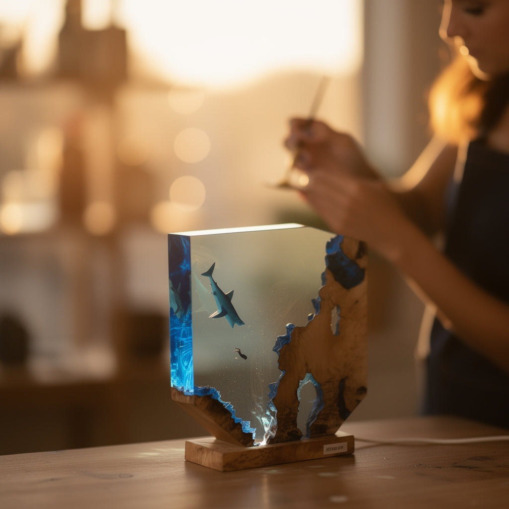 Sharks, divers, wood sculptures, epoxy resin lamp （ Best Gift 🎁 ）